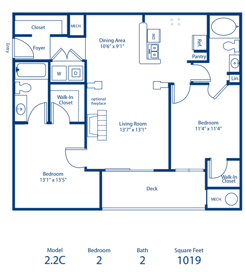Floor plan for 2 beds, 2 baths, 1019 sqft